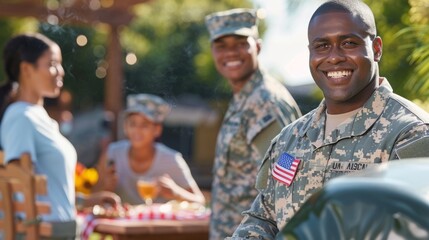 Happy african american man in military uniform celebrating the 4th of July with food and drinks in a festive atmosphere