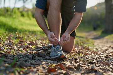 Hike, man or athlete tying lace ready for forest run, jog or summer adventure with health and...