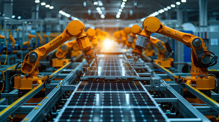 Modern, brightly lit factory featuring a large production line equipped with industrial robot arms. Solar panels are being assembled on a conveyor belt within this automated manufacturing facility