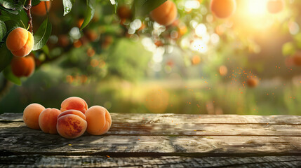 Ripe apricots on rustic wooden table with sunlit