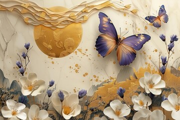3 panel art, white marble background with round golden thick circle, purple feather and white flower designs