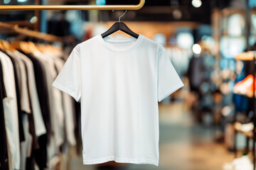 A white t-shirt, nice canvas, no print on the t-shirt. t-shirt hanging on a coat rack, store background,