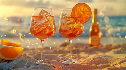 Two glasses of a drink with orange slices in them are on a beach