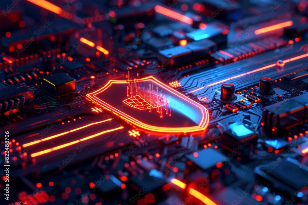 Poster a computer chip with a red shield on it. the shield is glowing and the chip is surrounded by other e