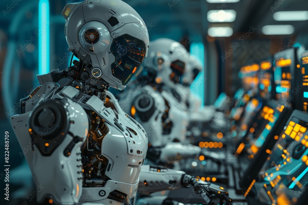 Poster a robot is standing in front of a computer monitor. the robot is white and has a metallic appearance