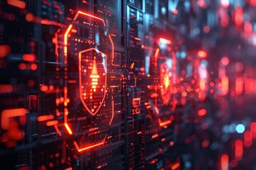 A computer screen with a red and blue background and a red and blue shield. A network of computers under siege by virtual threats, with a glowing cybersecurity shield blocking the attacks