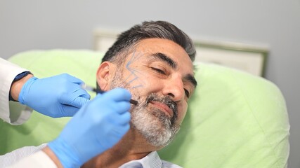 Obraz premium Doctor marking patient's face for cosmetic procedure at beauty clinic.