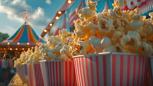 This Several red and white striped buckets filled with popcorn.