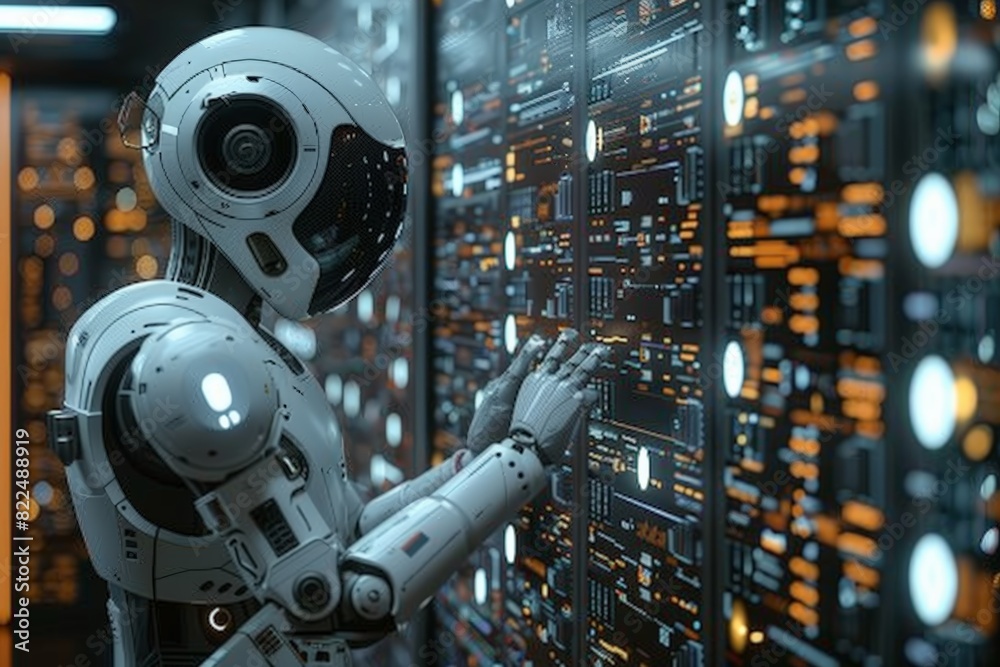 Poster a robot is standing in front of a computer monitor with a white helmet on. the robot is touching the
