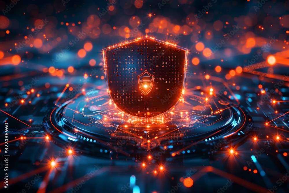 Poster an abstract visualization of cybersecurity as a shield made of code, protecting interconnected compu