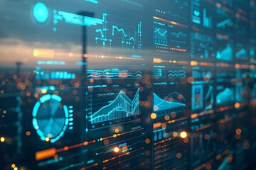 A computer screen displays a variety of graphs and numbers. Concept of complexity and information overload, as the viewer is bombarded with numerous data points and visual elements