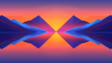  A computer-generated image features mountains and a water body, mirrored by a calm reflection The backdrop is dominated by a vibrant orange and blue sky