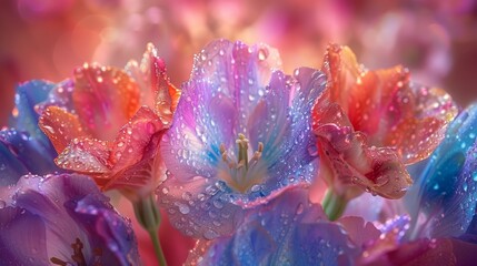  A tight shot of numerous blooms with dew drops and a hazy backdrop of pink, blue, purple, and orange tulips