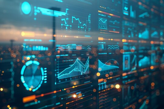 A computer screen displays a variety of graphs and numbers. Concept of complexity and information overload, as the viewer is bombarded with numerous data points and visual elements