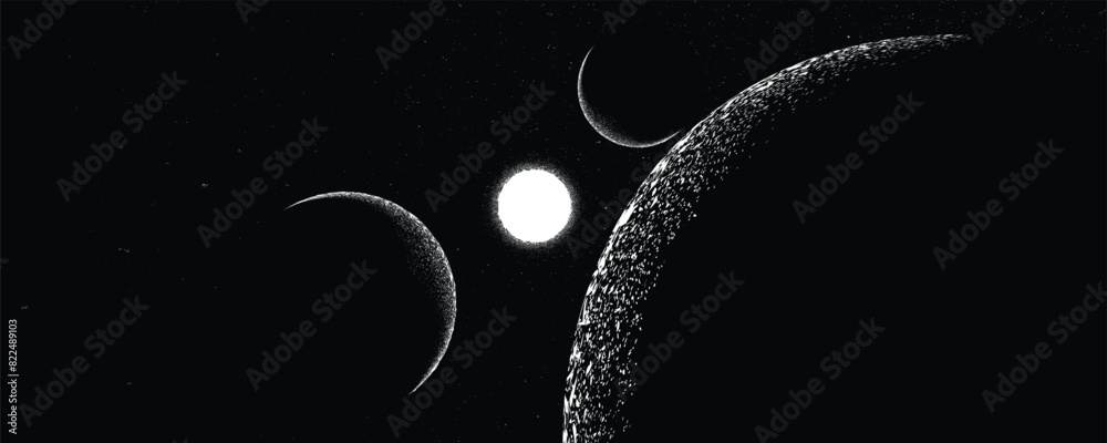 Wall mural stars and exoplanet in outer space. futuristic landscape, with noise texture . night landscape with 