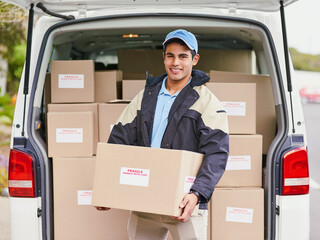 Portrait, smile and delivery man with box by van for shipping, logistics and ecommerce service....