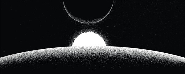 Stars and exoplanet in outer space. Futuristic landscape, with noise texture . Night landscape with starry sky .Vector illustration © miloje