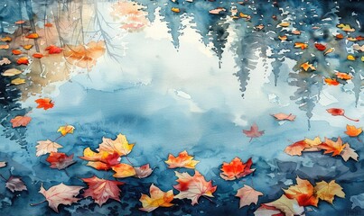 Leaves in a pond reflecting the sky, tranquil scene, direct view, serene watercolor