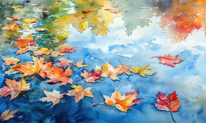 Leaves in a pond reflecting the sky, tranquil scene, direct view, serene watercolor
