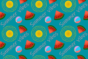 Seamless vector pattern featuring colorful beach balls, watermelons, and suns. Perfect for summer-themed designs, textiles, and wallpapers.