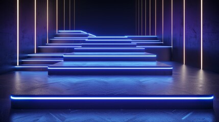  A set of stairs illuminated by neon lights in a dark room featuring a concrete floor and walls...