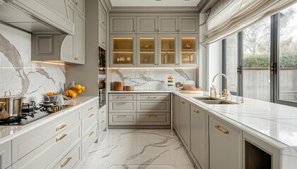 Luxury kitchen with marble counters and gold fixtures, soft spotlights, low angle, highend photo