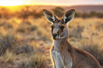 Fototapeta premium A kangaroo peacefully grazing on sparse vegetation in the sprawling Australian outback at dusk.. AI generated.