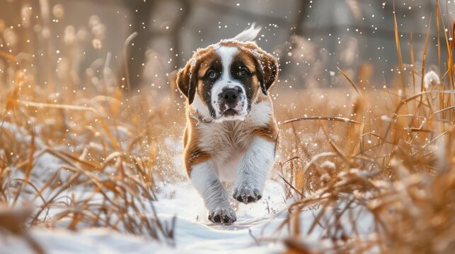 Playful saint bernard puppy frolicking in a snowy meadow with tall grass, winter fun scene, joyful canine pet in nature, seasonal outdoor activity concept - Powered by Adobe