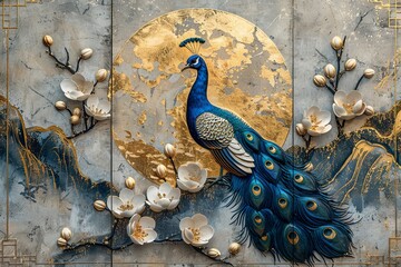 3 panel art, white marble background with round golden thick circle, blue feather and white flower designs and white peacock bird silhouette , with golden round circle