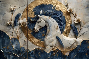 3 panel art, white marble background with round golden thick circle, blue feather and white flower designs and white unicorn silhouette , with golden round circle