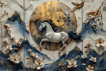 3 panel art, white marble background with round golden thick circle, blue feather and white flower designs and white unicorn silhouette , with golden round circle