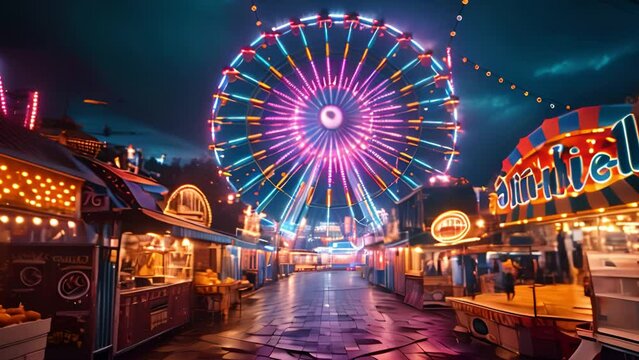 This bustling carnival with a towering ferris wheel in the background.