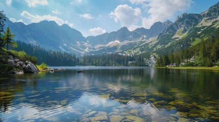 Fototapeta premium Majestic Serenity: A Vast Lake Embraced by Towering Mountains