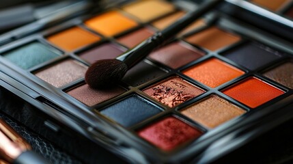 A close up image of an open makeup palette with various shades of eyeshadow and two makeup brushes.


