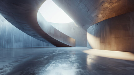 A large, empty, grey, concrete building with a spiral staircase