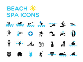 Variety of beach spa icons symbols signs pictogram logo against a white background