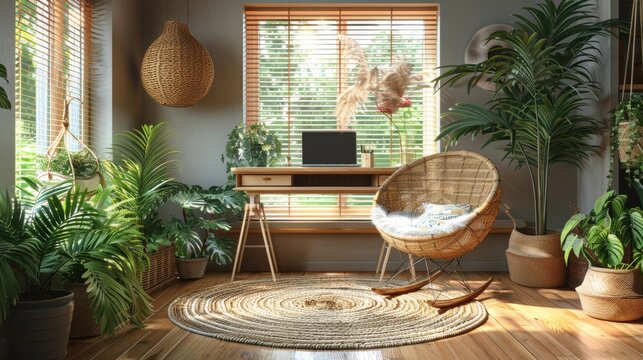 bohemian home office with rattan desk and plants, ideal for creative minds a stylish space for remote work