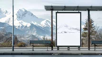 Snowy mountains frame an expansive vertical blank billboard at a bus stop.