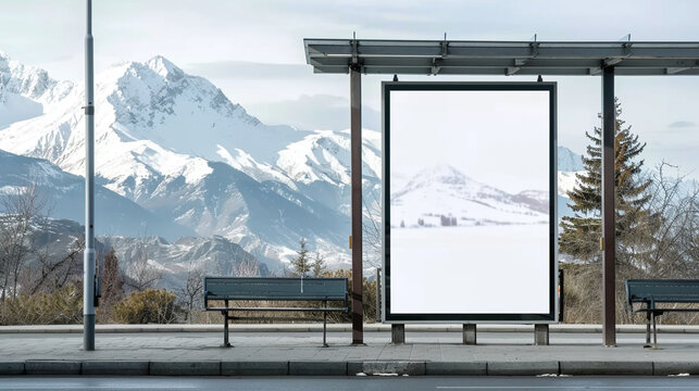 Snowy mountains frame an expansive vertical blank billboard at a bus stop.