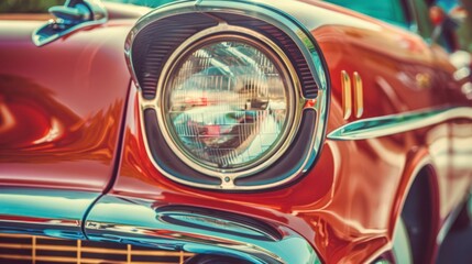 The headlight of the old beautiful car on the background of a concrete wall. Copy space. Concept...