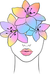 Colorful flowers on female head. Hand drawn illustration.