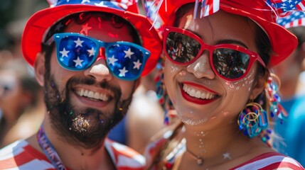 A man and a woman wearing patriotic red, white, and blue clothes and sunglasses with stars celebrating the 4th of July.