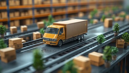 Miniature truck delivery concept on conveyor belt