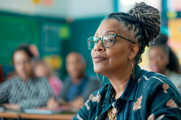In an adult education classroom, a mature black woman is absorbed in her studies. This image captures the essence of lifelong learning and the dedication to education and personal development
