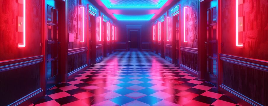 A long, dimly lit hallway with red and blue neon lights on the walls and a checkered floor. - Powered by Adobe