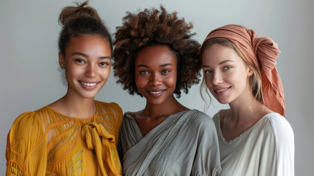 Girls of different race and skin color standing on white background. Concept of multi-ethnic beauty, natural, spa, cosmetology, advertisement