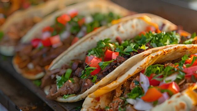 This Tacos lined up neatly on a cooking pan. Row of Tacos on Pan
