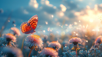 Morpho butterfly and dandelion. Dandelion flower seeds on a background of blue sky with clouds