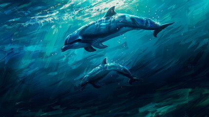 Fototapeta premium Dolphins swimming among vibrant coral reef and colorful fish underwater