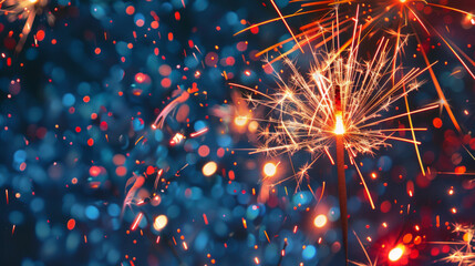 Colorful fireworks exploding in night sky. Banner with copy space